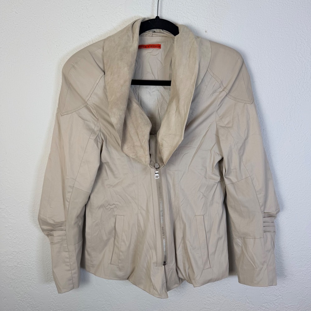 Alice + Olivia Womens S Beige Cotton Leather Trim Double Zip Moto Jacket